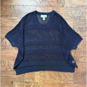 Joan Vass Navy Blue Linen Cotton Oversize Mesh Sheer Boxy Striped Sweater O/S